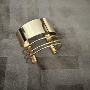 Gold Tone Wide Wire Cuff Bracelet Womens Adjustable Open Band Modern Statement